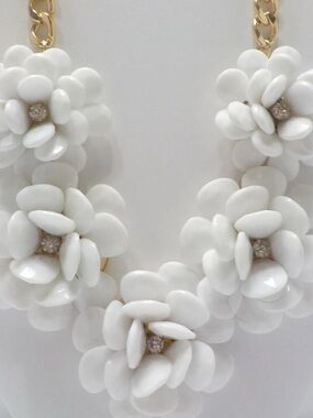 White JCrew Floral Statement Necklace - Gold Chain